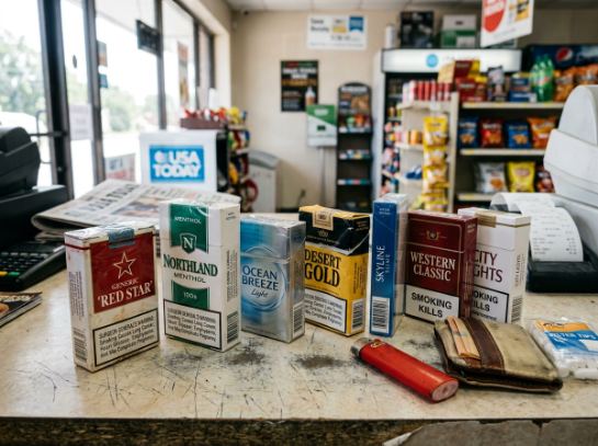 نمای واقعی قفسه فروش سیگار با برندهای Marlboro، Camel، Winston و Parliament در فروشگاه دخانیات