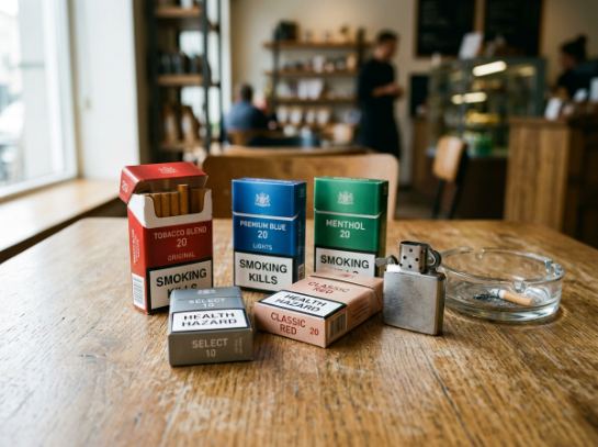 نمای واقعی قفسه فروش سیگار با برندهای Marlboro، Camel، Winston و Parliament در فروشگاه دخانیات